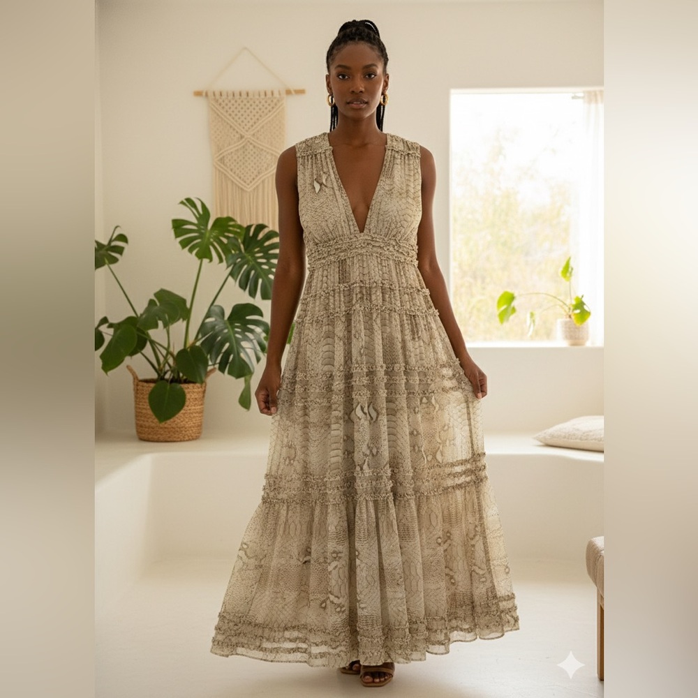 NWT Gianni Bini Beige Athena Snake Print Crinkled Chiffon Maxi Dress Size 10